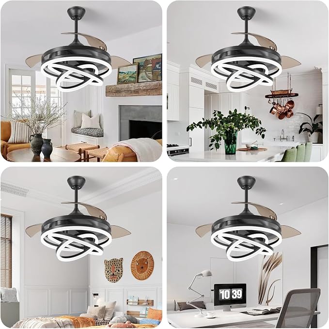 FIDGRA 42 Inch Retractable Ceiling Fan, Chandelier Ceiling Fans with Lights, Silent DC Motor, 6 Speeds, 3 Color Changing for Bedroom Living Room (Black)