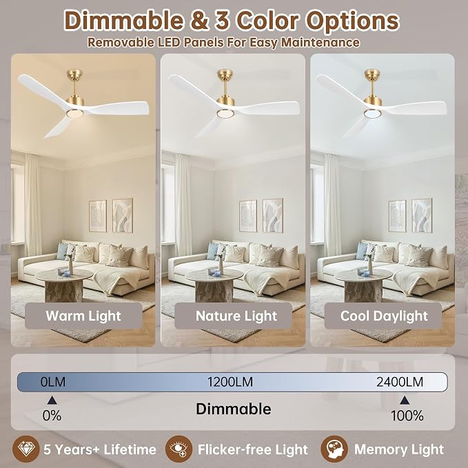 Ovlaim 52 Inch Smart Ceiling Fan with Light Remote, 6 Speed Quiet DC Motor High CFM, 3 Blade Modern White Gold Ceiling Fan for Bedroom Living Room, ETL Certified