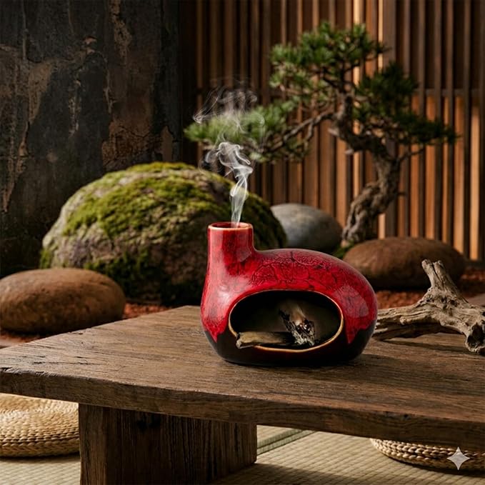 Handcrafted Ceramic Palo Santo Holder – Artistic Incense Burner for Meditation, Mindfulness and Zen Home Decor – Wabi-Sabi Style Cone Sculpture, Gift for Yoga, Relaxation & Aromatherapy (Red)
