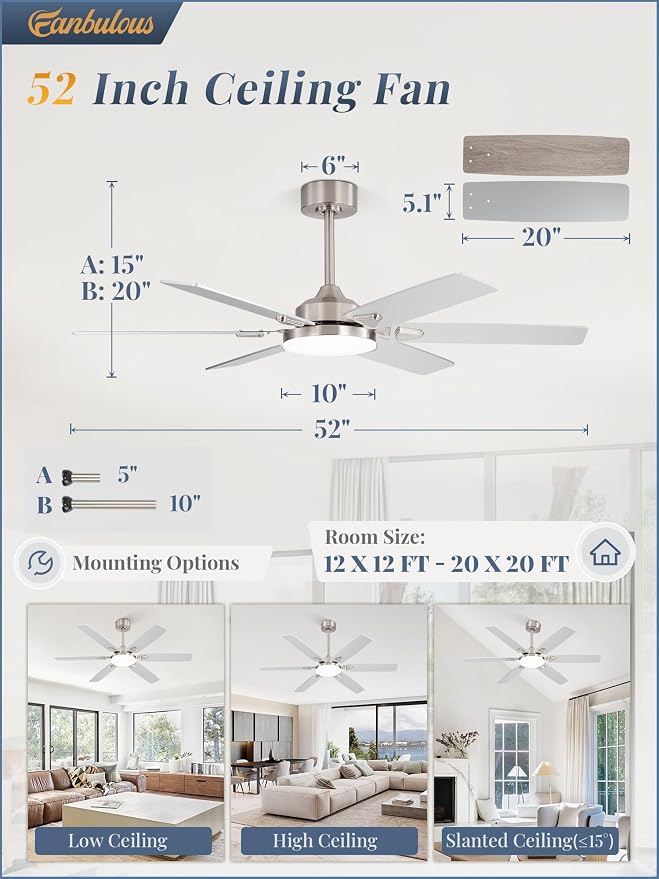 Fanbulous 52 Inch Ceiling Fans with Lights, Indoor/Outdoor Modern Ceiling Fan with Reversible Blade And 2 Rods, Quiet DC Motor, 3CCT & 6-Speed Remote Control, Dual Finish Blade for Living Room/Bedroom