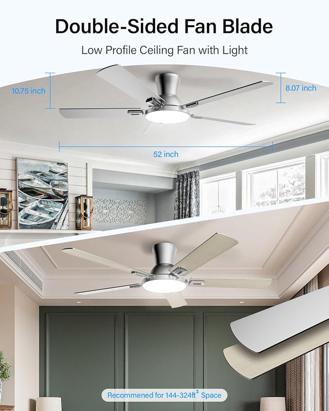 52 Inch Ceiling Fans with Lights and Remote, Flush Mount Low Profile Smart Ceiling Fan with WIFI Alexa App Control, Quiet Reversible DC Motor, 6 Speeds, Dimmable LED Light, Nickel