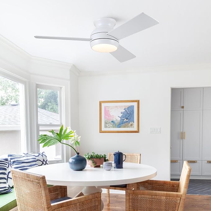 42 Inch Low Profile Ceiling Fan with Light Quiet for Bedroom,White | Flush Mount,Remote Control,Reversible DC Motor,Wood Blades,6 Speed,3CCT Dimmable for Bedroom,Living Room
