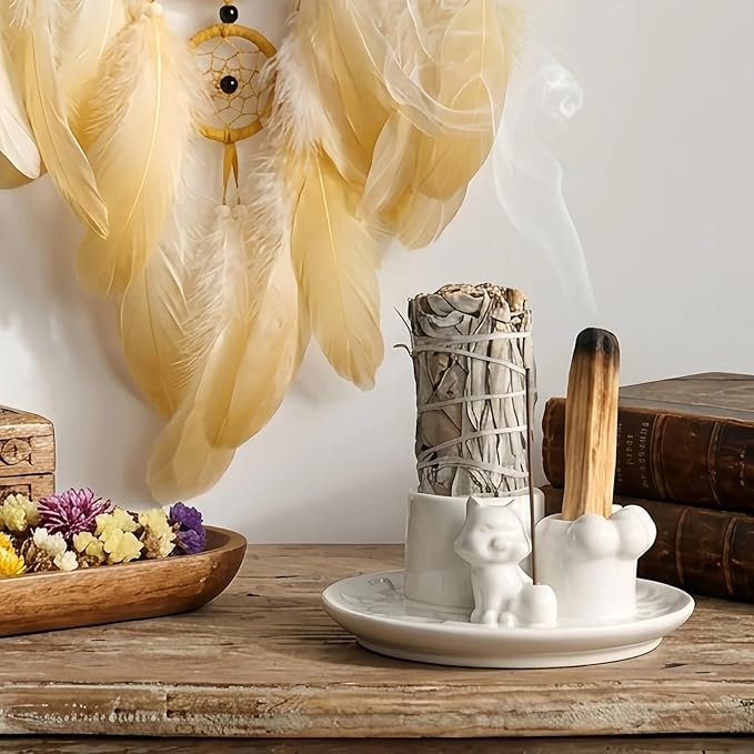 4-in-1 Incense Burner, Handmade Ceramic Palo Santo Holder, Sage Burner for Sage, Palo Santo, Incense Sticks, 5.1" Ceramic Ash Catcher Tray for Meditation, Yoga, Room Home Decor, White