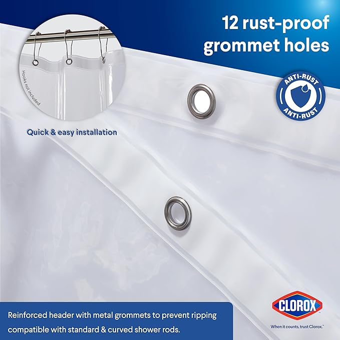 Clorox Shower Curtain Liner, Premium Lightweight Flexible Waterproof 3g PEVA for Bathroom with Weighted Magnets, Standard Size 70" x 72", Clear 2 Pack