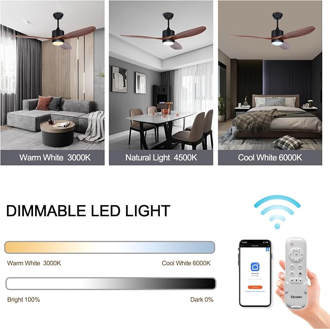 Ovlaim 60 Inch Wood Ceiling Fan with Light, Quiet DC Motor, Smart 6-Speed | 35dB Quiet, Solid Wood Blades, 3-Color Dimmable, Memory Function, App & Voice, Reversible Motor, Living Room Patio