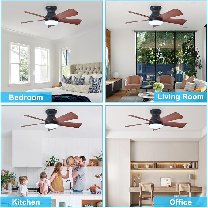 Depuley Modern Ceiling Fan with Light: 35-Inch Black Small Fans for Bedroom Indoor Outdoor - Dimmable Low Profile Ceiling Fans with Remote Control Flush Mount 5 Reversible Walnut Blades 6 Speeds Timer