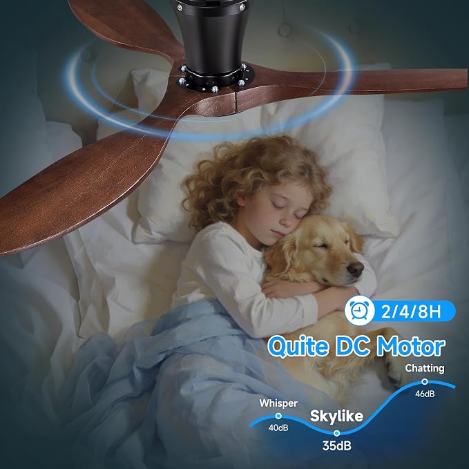 Skylike 52" Wood Ceiling Fan with Lights, Flush Mount Low Profile Ceiling Fan with Remote Control, Dimmable LED, Quiet Ceiling Fan Indoor/Outdoor for Living Room Bedroom Patio-Dark Walnut Finish
