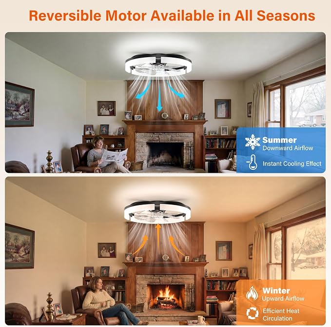 Ceiling Fans with Lights and Remote, 20'' Low Profile Ceiling Fan with APP Control, 3000K-6500K Dimmable, Quiet Reversible DC, Modern Flush Mount Fandelier for Bedroom (Black-Frosted)