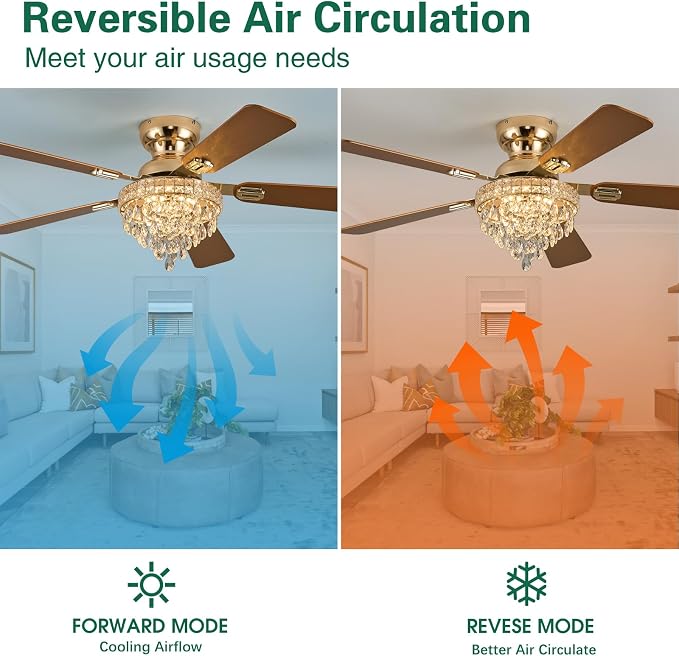 52“ Crystal Ceiling Fans with RGB Lights, Remote/App Control, Luxury Fandelier Ceiling Fan Flush Mount, Reversible DC Motor, Dimmable, Bedroom Chandelier Fan, (Gold)