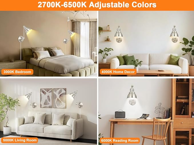 GOODATE 1 Pack Plug in Wall Sconce with Remote Control, Dimming, Adjustable Colors 2700K-6500K, Plug in Wall Light, Swing Arm Wall Lamp with Night Light & Timer, LED Bulb Included, Brushed Nickel