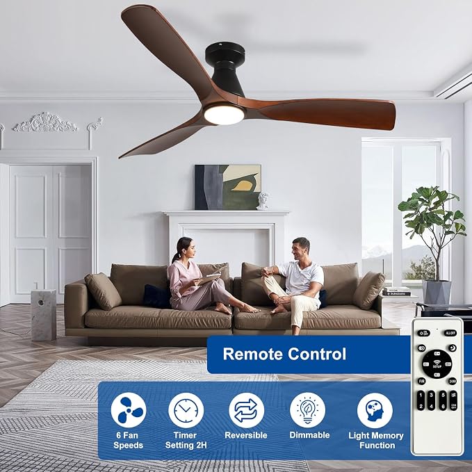 Depuley 52-Inch Ceiling Fans with Lights: Walnut 3 Blade Flush Mount Low Profile Ceiling Fan for Bedroom - Dimmable Indoor Outdoor Fan with Remote Control Ultra Quiet DC Motor Timer