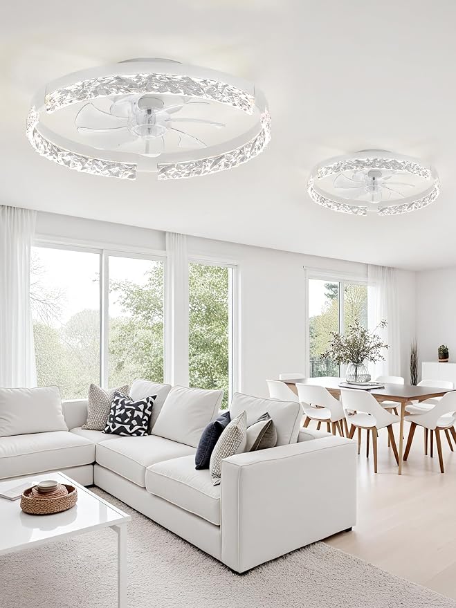 LEDIARY 2 Pack 20 Inch Ceiling Fans with Lights and Remote, Fandelier Modern Low Profile Ceiling Fan, 3000K-6000K Dimmable LED Fan Light, White Flush Mount Ceiling Fans with Lights for Bedroom