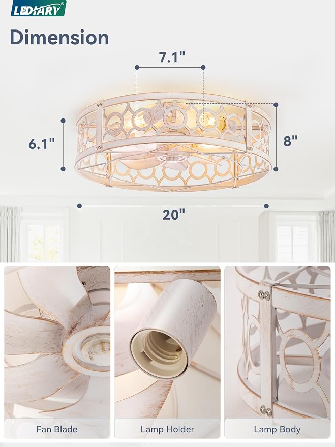 LEDIARY Caged Ceiling Fan with Light and Remote, 20in Small Low Profile Ceiling Fans with Lights, 6 Speed Farmhouse Flush Mount Ceiling Fan for Bedroom, Kitchen, Living Room-White and Gold