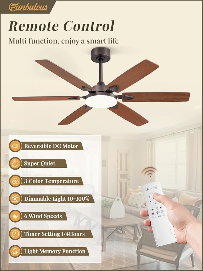 Fanbulous 52 Inch Ceiling Fans with Lights, Indoor/Outdoor Modern Ceiling Fan with Reversible Blade And 2 Rods, Quiet DC Motor, 3CCT & 6-Speed Remote Control, Dual Finish Blade for Living Room/Bedroom