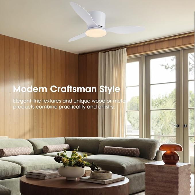 42 Inch Flush Mount Ceiling Fans with Lights and Remote Control, White Low Profile Ceiling Fan for Bedroom, Living Room,Office,Kitchen,Patios Indoor and Outdoor Use