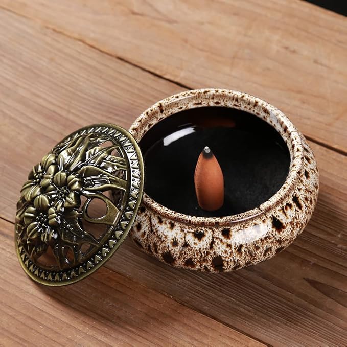 Incense Burner with Calabash Incense Stick Holder - Porcelain Charcoal Censer for Use with Resin Granular Powder Cone or Coil Incense (Fambe Gray)