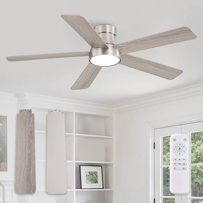 48 Inch Ceiling Fans with Lights and Remote,Outdoor Indoor Modern Flush Mount Ceiling Fan with 3CCT 6-Speed Quiet DC Motor,Small Low Profile Ceiling Fan for Bedroom Living Room Office(Nickel)