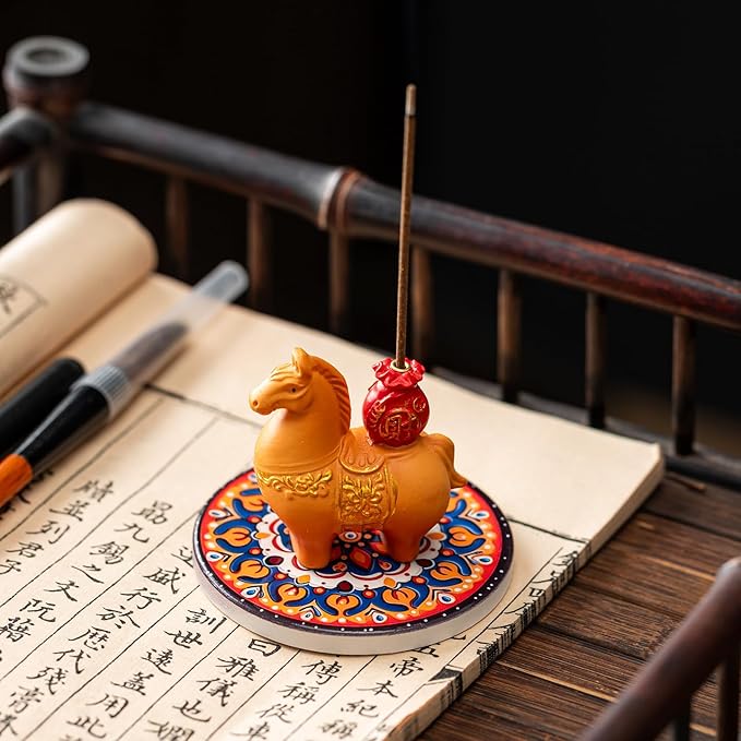 Horse Incense Burner-Resin Fortune Horse Incense Holder with Tray & Gift Box,Aromatherapy Decor for Yoga, Meditation,Home Office,Horse Lover Gift (Orange)