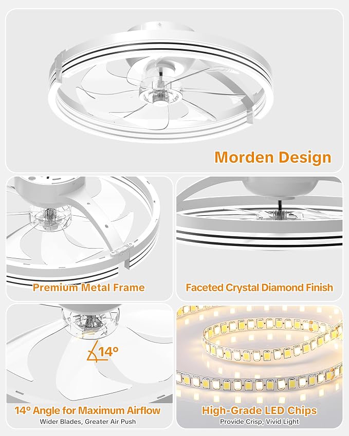 Ceiling Fans with Lights and Remote, Low Profile Ceiling Fan, Morden Flush Mount LED Fan Light, 3000K-6500K Dimmable for Bedroom, Kitchen, Living Room, Striped, White