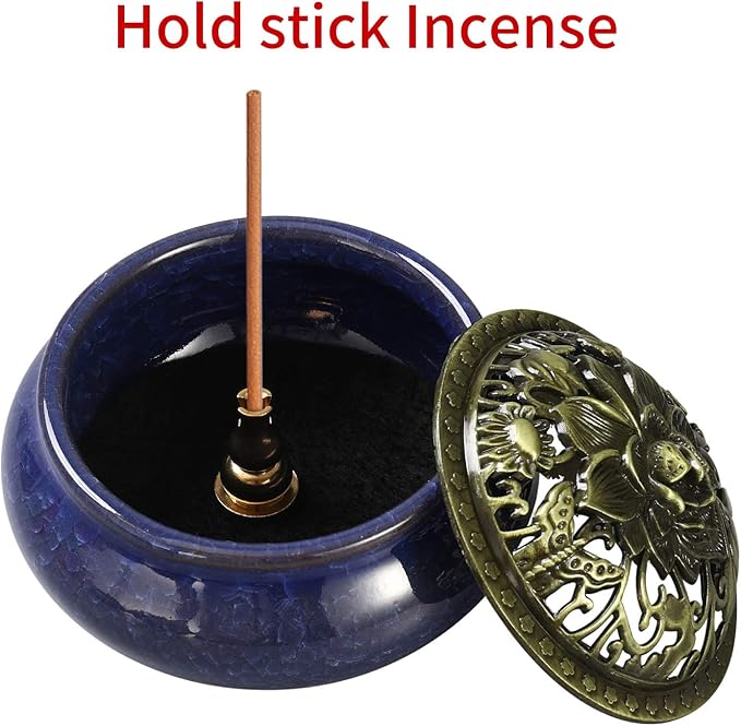 Miupoo Incense Burner and Cone Incense Holder with Brass Incense Stick Holder Ceramic Ash Catcher (Dark Blue)