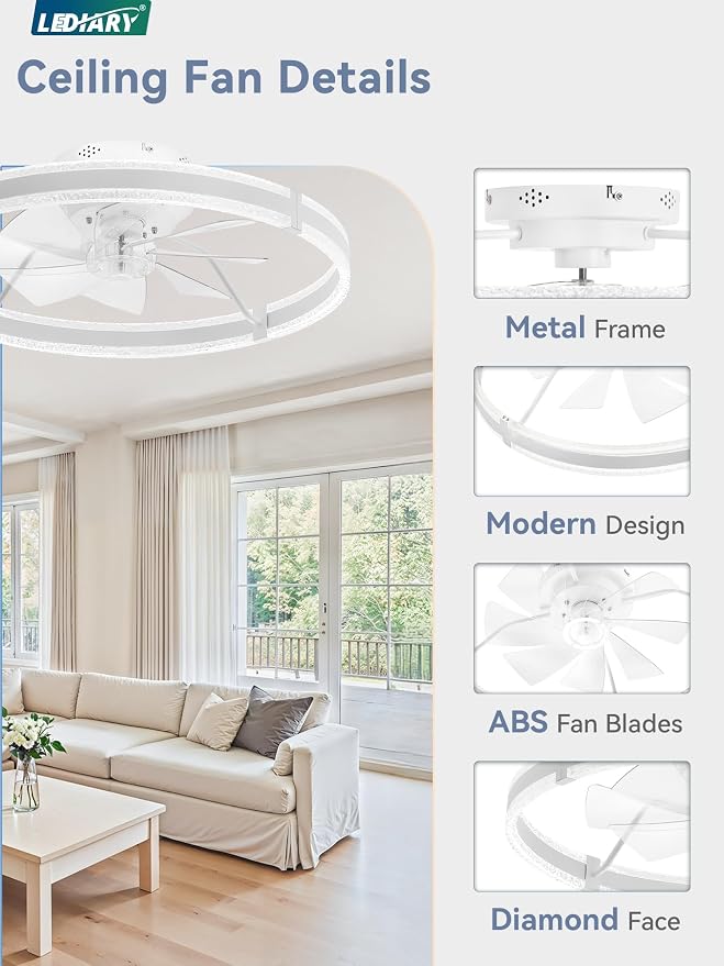 LEDIARY Ceiling Fans with Lights and Remote, 24'' Low Profile Ceiling Fan with Light, 3000-6000K Dimmable Fandelier Ceiling Fans, Modern Flush Mount Fan Light for Bedroom with 6 Wind Speeds- White