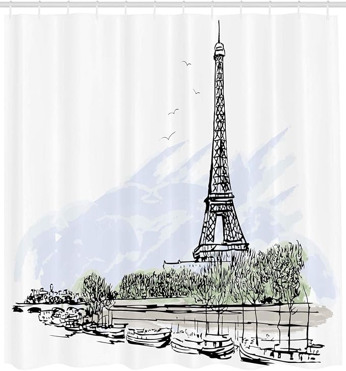 Ambesonne Paris Shower Curtain, Architecture Theme Illustration of Eiffel Tower Birds and Trees Pattern Print, Cloth Fabric Bathroom Decor Set with Hooks, 69" W x 75" L, White and Black