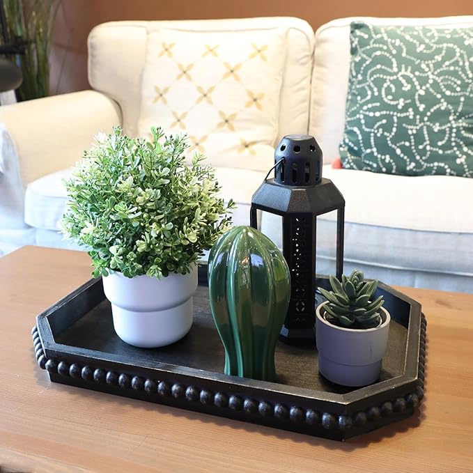 Hrastany Wood Rustic Serving Tray with Beads, Farmhouse Vintage Black Decorative Tray for Table Centerpiece, Christmas Wedding Halloween Home Decor