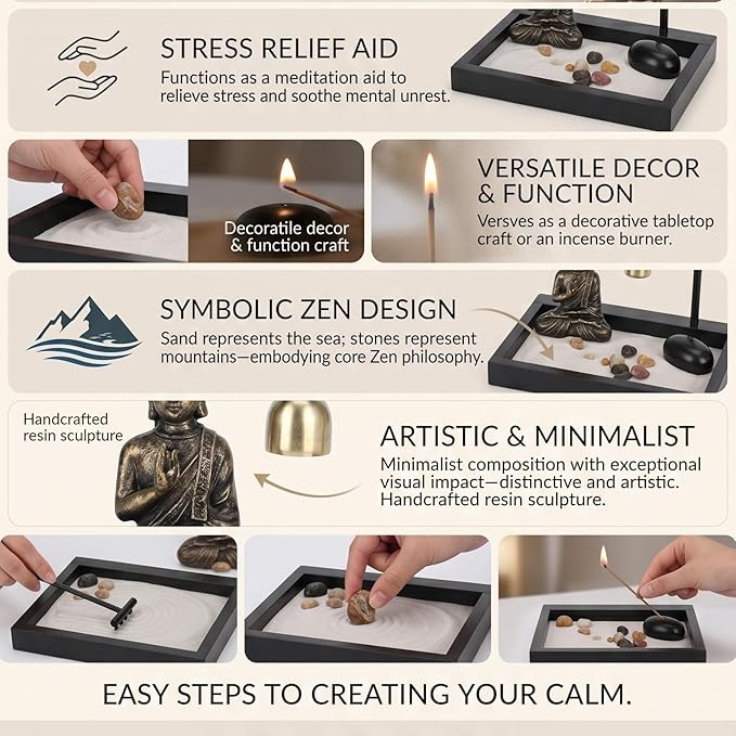 HEEPDD Desktop Zen Garden Kit with Buddha Statue, Incense Holder, Mallet, Rocks for Meditation, Yoga, Office Decor