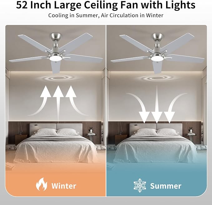 52 Inch Ceiling Fan with Light and Remote Cortrol, Brushed Nickel | 6-Speed Quiet Reversible DC Motor, 3CCT Dimmable 24W LED Light, 5 Wood Blades,Used for Bedroom, Living Room, Covered Patio