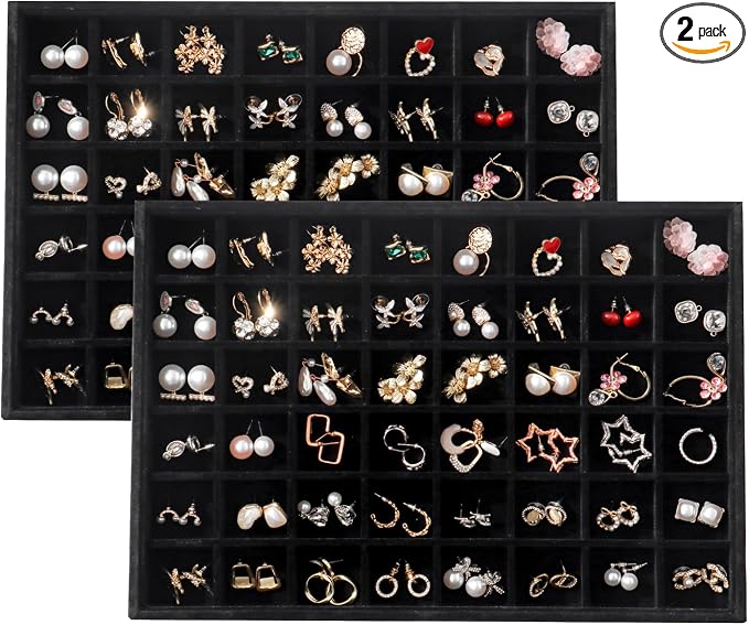 Large Velvet Jewelry Tray Display Drawer Inserts 2 Pack | Stackable Jewelry Organizer for Earring Bracelet Necklace Ring (Black, 48 Grids)