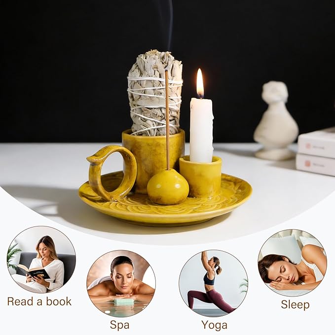 Tnstbiee 4-Inch 5-in-1 Yellow Ceramic Incense Holder | Multi-Use Smudge Tray for Palo Santo, Sage, Incense Sticks & Cones | Ideal for Candles & Meditation | Zen Altar for Yoga & Aromatherapy