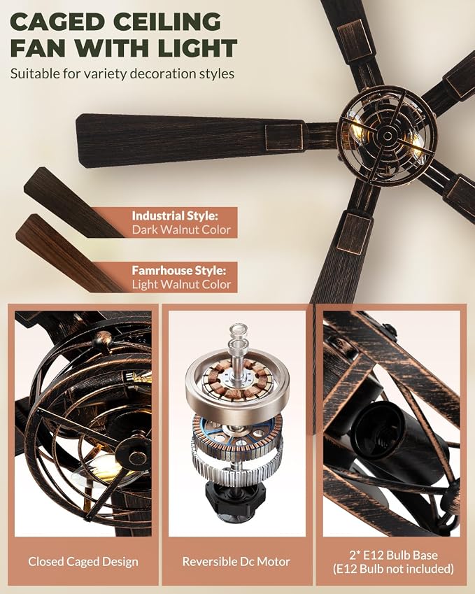 52 Inch Ceiling Fans with Lights and Remote, Farmhouse Caged Flush Mount Ceiling Fan, 6-Speed Quiet and Reversible DC Motor Ceiling Light Fixtures for Bedroom, Living Room, Black and Gold, 2 Pack