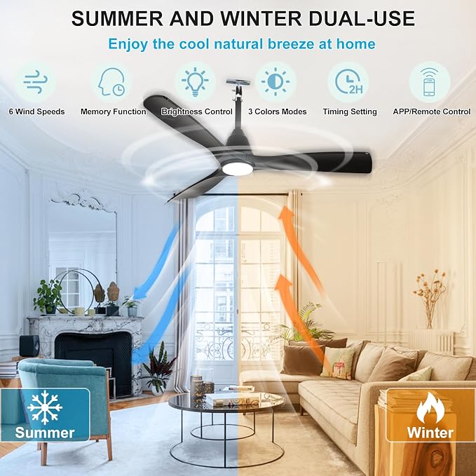 Depuley Plug-in Ceiling Fans for Patios: 42 Inch Outdoor Indoor Gazebo Fans with Lights with Remote & APP Control - 6 Speeds Reversible Black 3 Blades Fandelier Ceiling Fan Hanging Hook Type Fan