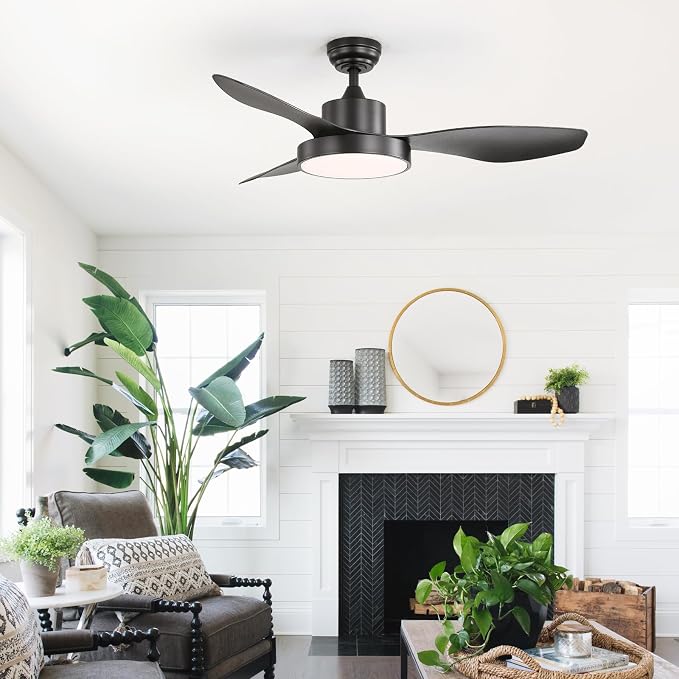 Sofucor 47 Inch Ceiling Fan with Lights and Remote Modern Outdoor Black LED Ceiling Fans with Large Light Fixture Dimmable 6 Speeds Quiet DC Motor &Timing for Patio Bedroom Living Room Office
