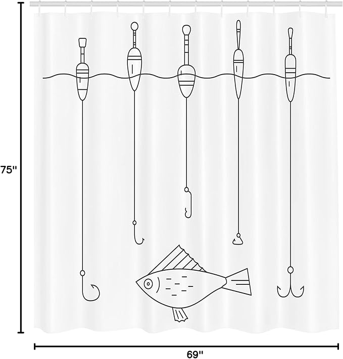 Ambesonne Nautical Shower Curtain, Fishing Tackle Floaters Hooks Fishing Gear Equipment Doodle Style Art, Cloth Fabric Bathroom Decor Set with Hooks, 69" W X 75" L, Grey Charcoal