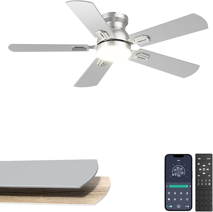 42'' Silver Low Profile Ceiling Fan with Lights for Kids Room | App/Remote Control, Flush Mount, Space-Saving, Quiet DC Motor, 3CCT Dimmable, 6 Speeds Modern Overhead Fan for Low Ceilings