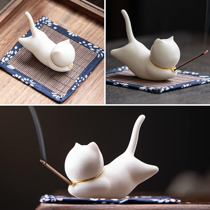 Incense Holder Handmade Ceramic Incense Burner with 30 Sandalwood Insence-Stick Holder with Bamboo Mat, Cute Cat Decor Incense Holder for Sticks for Aromatherapy/Yoga/Meditation/Home