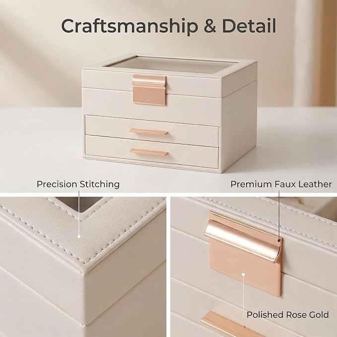 Jewelry Box Organizer with Glass Lid, 3-Layer with Double Drawers, Luxury Velvet Lined Desktop Display Case for Earrings Rings Necklaces, Gift for Women Girls (White)