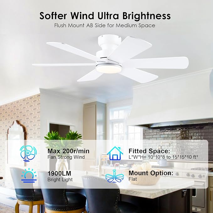 BayDay 46 inch Ceiling Fans with Lights, Ceiling Fan with Remote APP, Dual-Sided Modern/Rustic 6 Blades, Reversible, 3CCT, Flush Mount Low Profile Ceiling Fan with Lights Bedroom Kitchen Indoor White