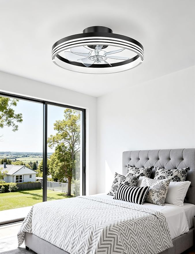 AKOFUN 18" Ceiling Fans with Lights and Remote, Low Profile Flush Mount Ceiling Fan with Light, 3000-6500K Dimmable LED Fan Light, Modern Bladeless Fandelier Ceiling Fans for Bedroom, Black Stripes