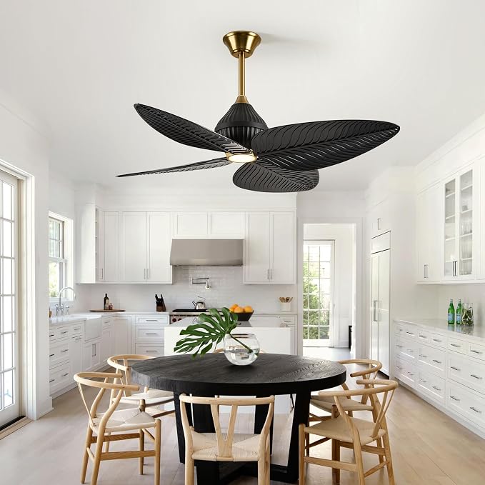 52" Tropical Ceiling Fans with Lights, Indoor Palm Leaf Ceiling Fan with Light and Remote for Living Room Bedroom, ABS Blades, Dimmable LED Lights, 6 Speeds, Adjustable Height-Black Gold