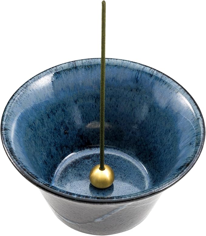 Asayu Japanese Incense Holder for Sticks 4.1 inch (105mm), Traditional Made in Japan Ceramic Ash Catcher and Brass Incense Burner Set - Black and Blue Cone
