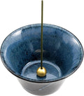 Asayu Japanese Incense Holder for Sticks 4.1 inch (105mm), Traditional Made in Japan Ceramic Ash Catcher and Brass Incense Burner Set - Black and Blue Cone