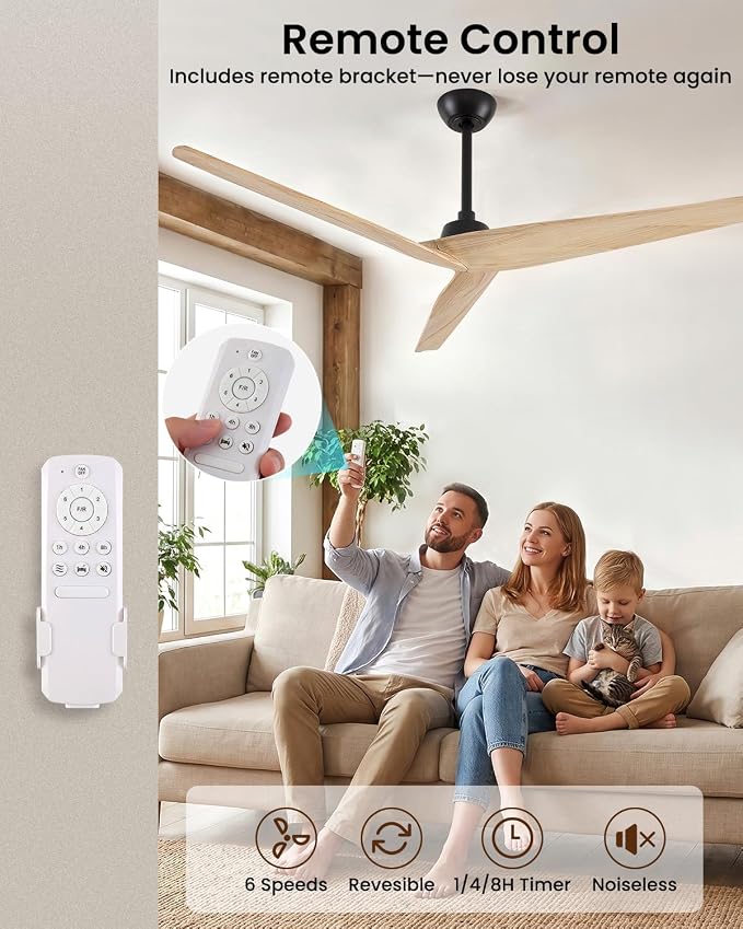 Skylike 60in Modern Wood Ceiling Fan No Light with Remote for Bedroom-Light | Real Wood Blades,Quiet DC Motor,Reversible,Beep-Off Function,6 Speeds,3 Timers,12" downrod ,Indoor and Outdoor