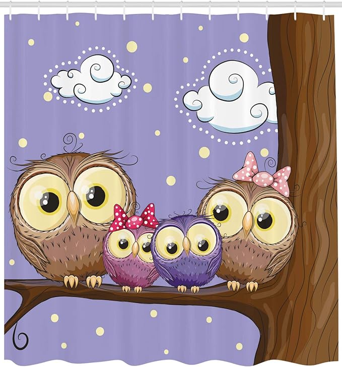 Ambesonne Bird Shower Curtain, Cartoon Style Owl Bird Family Mother Father Daughter Son Sitting on a Branch, Cloth Fabric Bathroom Decor Set with Hooks, 69" W x 70" L, Lavender and Brown