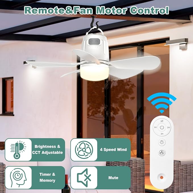 Gliztech Canopy Fan 20.5'', Portable Outdoor Ceiling Fan with Light with Remote Control and Extension Hook, Easy Operation Battery Powered Fan Light for Gazebo, Tent, Patio, Camping (20.5 inch)
