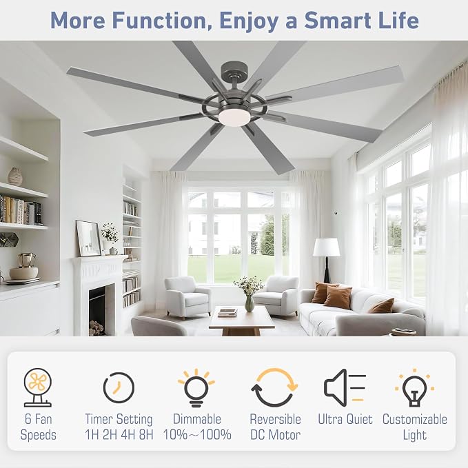 72 Inch Smart Ceiling Fan with Light and Remote, Silver Ceiling Fan with Quiet Reversible DC Motor, Compatible with Alexa/Google/APP, 3CCT Dimmable Large Indoor/Outdoor Ceiling Fans for Patio