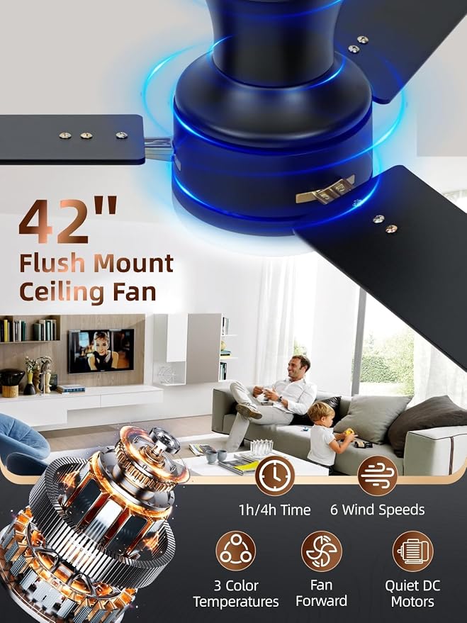 LANMEL 42 Inch Flush Mount Ceiling Fan with Light, App&Remote Control, Low Profile Modern Ceiling Fan, 6 Speed, Reversible, 3000k-6500k Dimmable LED, Quiet DC Motor for Indoor Outdoor, Gold Black