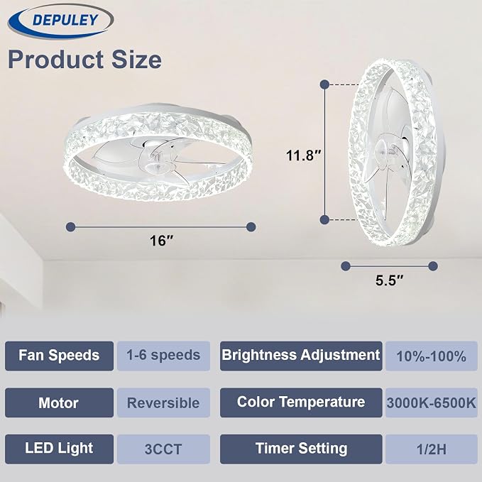 Depuley Ceiling Fans with Lights and Remote: 16" Modern Low Profile Flush Mount Ceiling Fan with App Remote Control - White Fandelier for Bedroom Living Room Kitchen Dimmable Quiet DC Motor