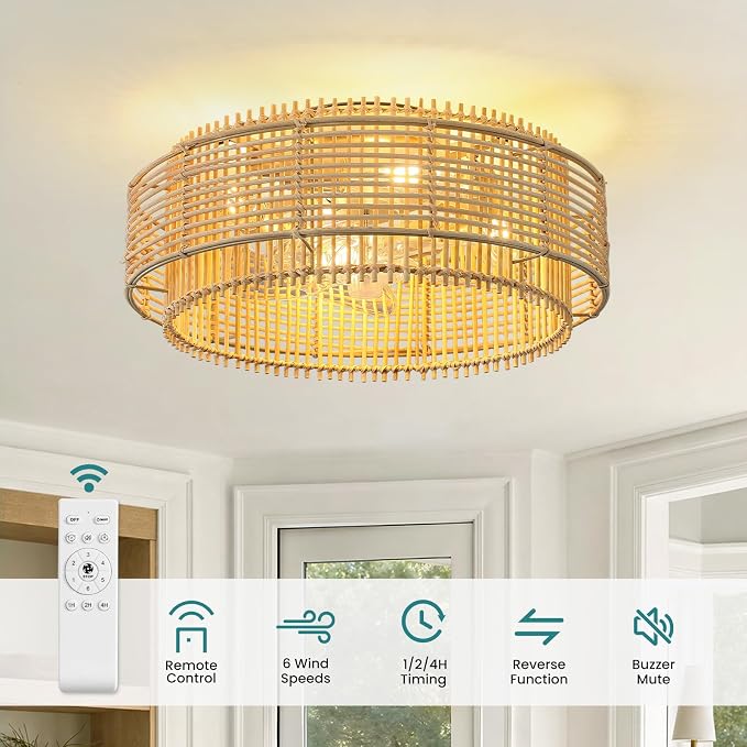 KAISITE Boho Caged Ceiling Fan with Light and Remote Control 19" Rattan Fandelier 6 Speeds Low Profile Bladeless Ceiling Fan Flush Mount Chandelier Fan for Bedroom Living Room